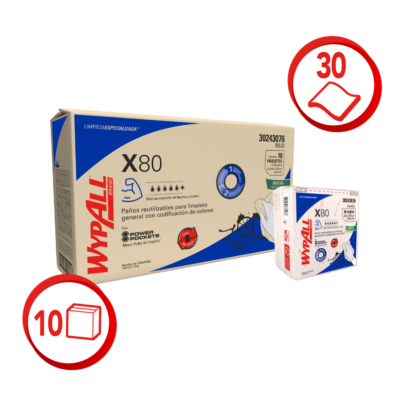 Paños Wypall X80 Plus Rojo - (10 Pack de 30 paños)