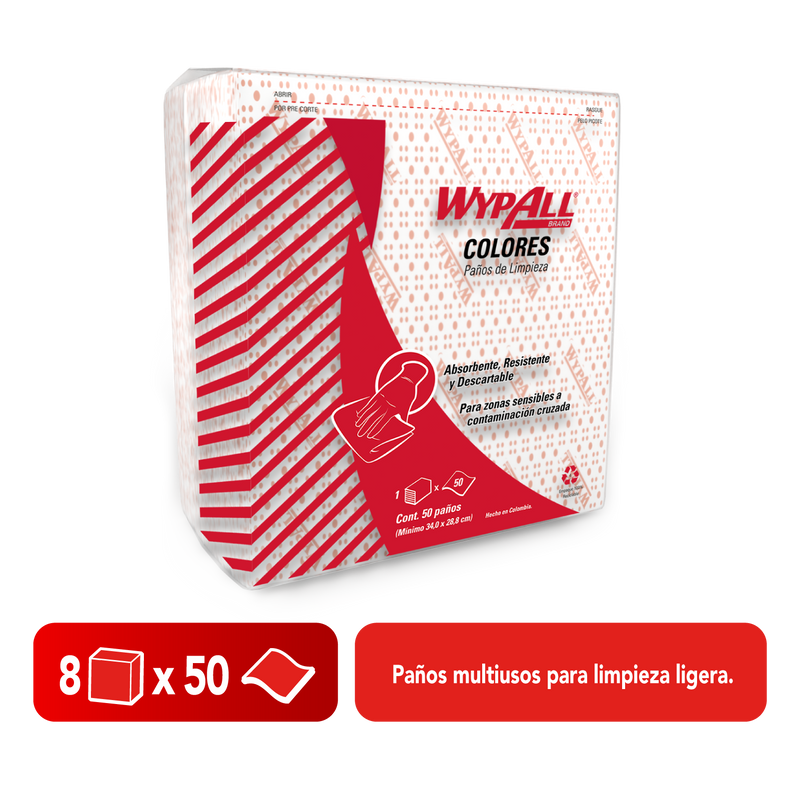 Paños Wypall X50 Predoblado Rojo - (8 packs de 50 paños)