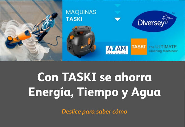 ¡Optimiza tu limpieza con TASKI de Diversey! Ahorra Energía, Tiempo y Agua para un mundo más sostenible. Descubre las ventajas en AXAM.