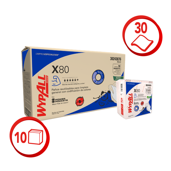 Wypall X80 Plus Red Prefold Wipes- (10 packs of 30 wipes)