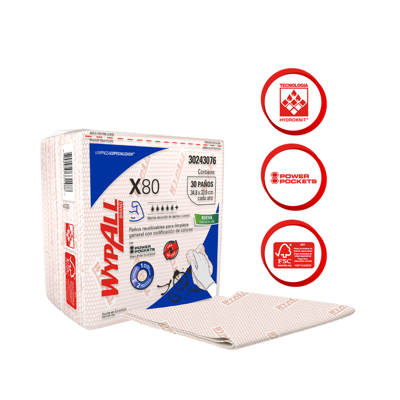 Wypall X80 Plus Red Prefold Wipes- (10 packs of 30 wipes)