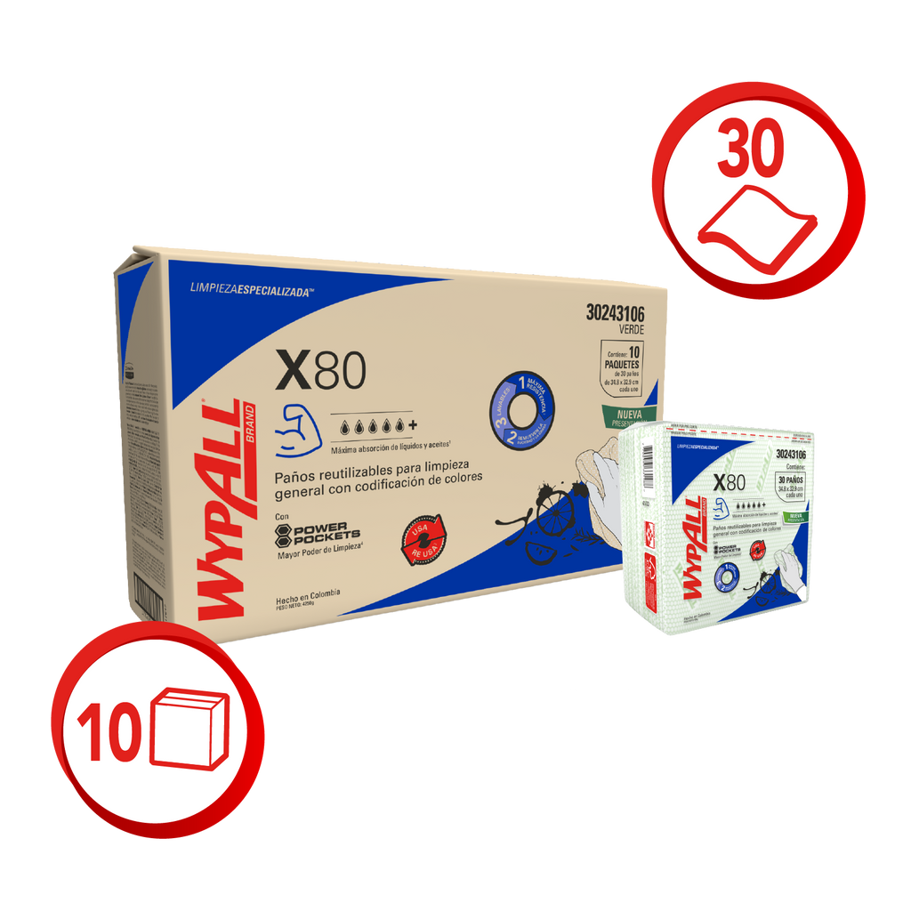 Wypall X80 Pus Green Prefolded Wipes- (10 pack x 30 wipes)