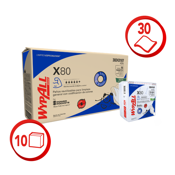 Wypall X80 Pus Blue Prefolded Wipes- (10 pack x 30 wipes)