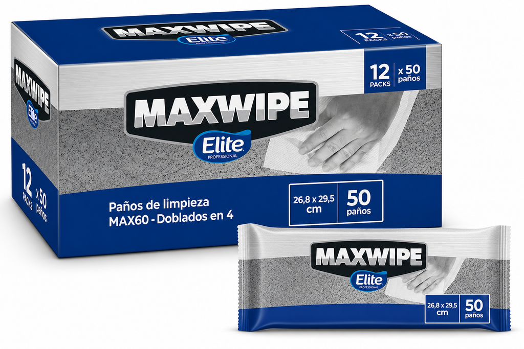Paños Industriales Maxwipe 60 Elite Professional (Cód. 40972). Bulto de 12 Paquetes de 50 Paños Doblado.