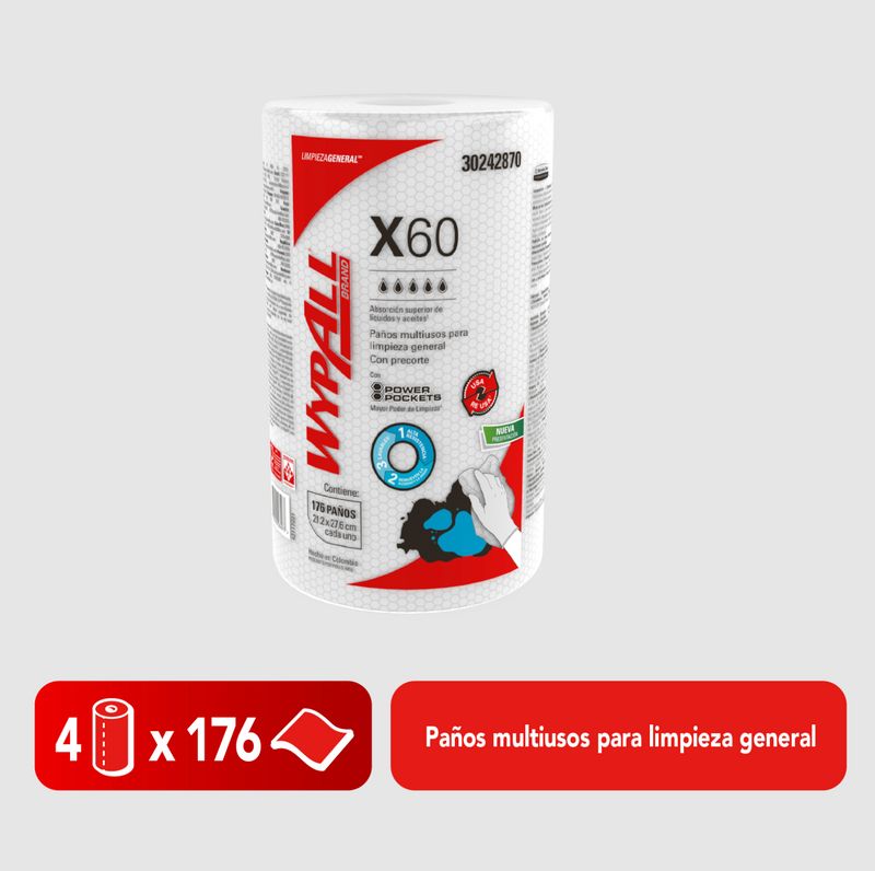 Paños Wypall X60 Rollo Power Pocket 28x21cm -(4 Rollos de 176 Paños)