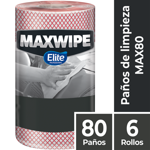 Paños Industriales Maxwipe 80 Elite Professional Color Rojo (Cód. 40970). 6 Rollos de 80 paños