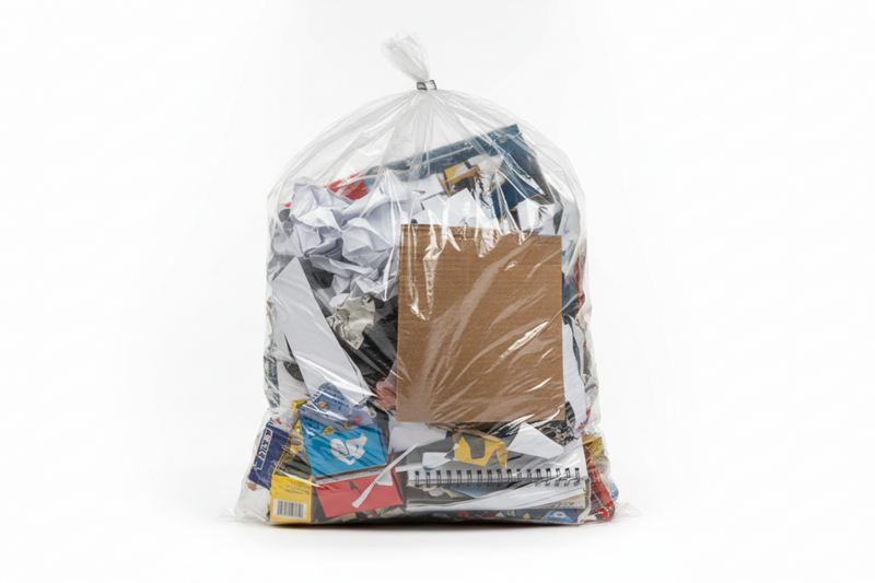 Crea una imagen de una bolsa transparente industrial que contenga papeles y cartones dentro con fondo blanco