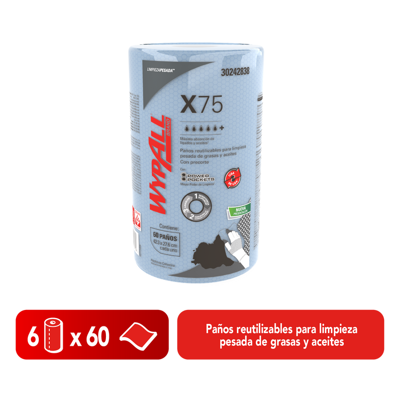 Paños Wypall X75 reutilizable limpieza pesada de grasa y aceites  28x42cm - (6 rollos de 60 paños)