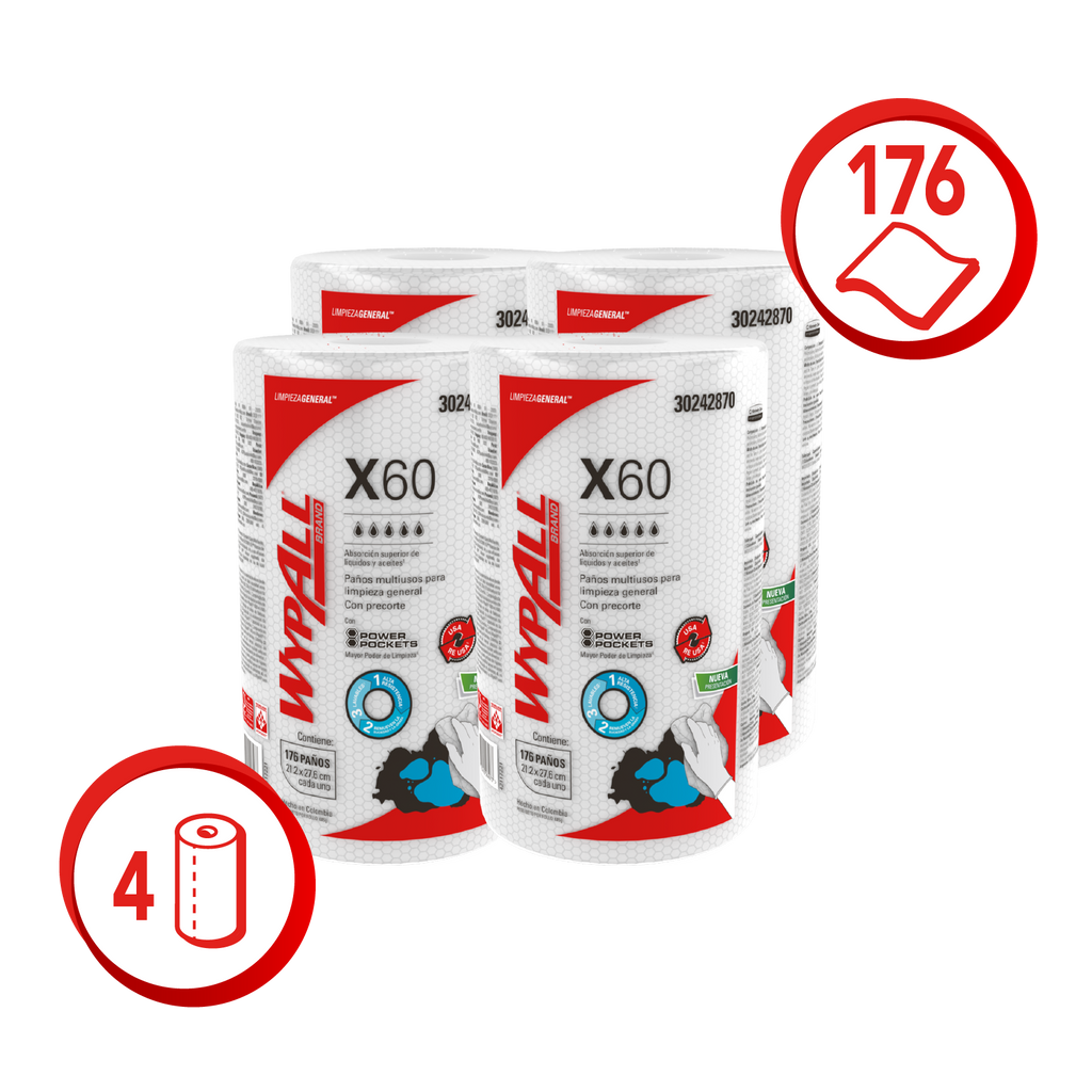 Paños Wypall X60 Rollo Power Pocket 28x21cm -(4 Rollos de 176 Paños)