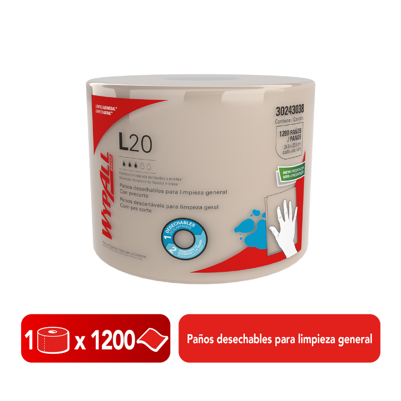 Wypall L20 Cloths Disposable Jumbo Roll General Cleaning - (1200 Sheets)