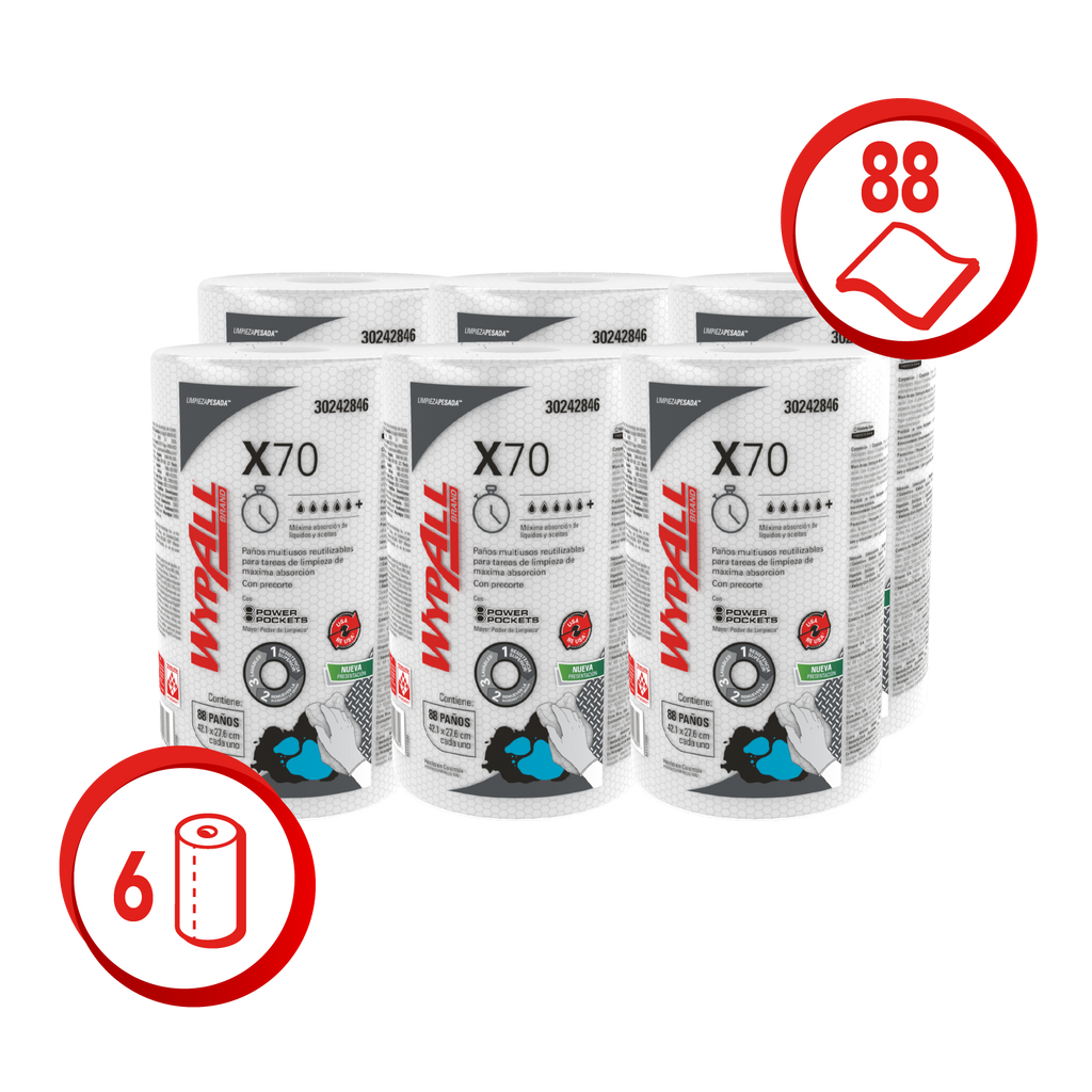 Wypall X70 Regular Roll Cloths - (6 Rolls of 88 Cloths 28x42cm)